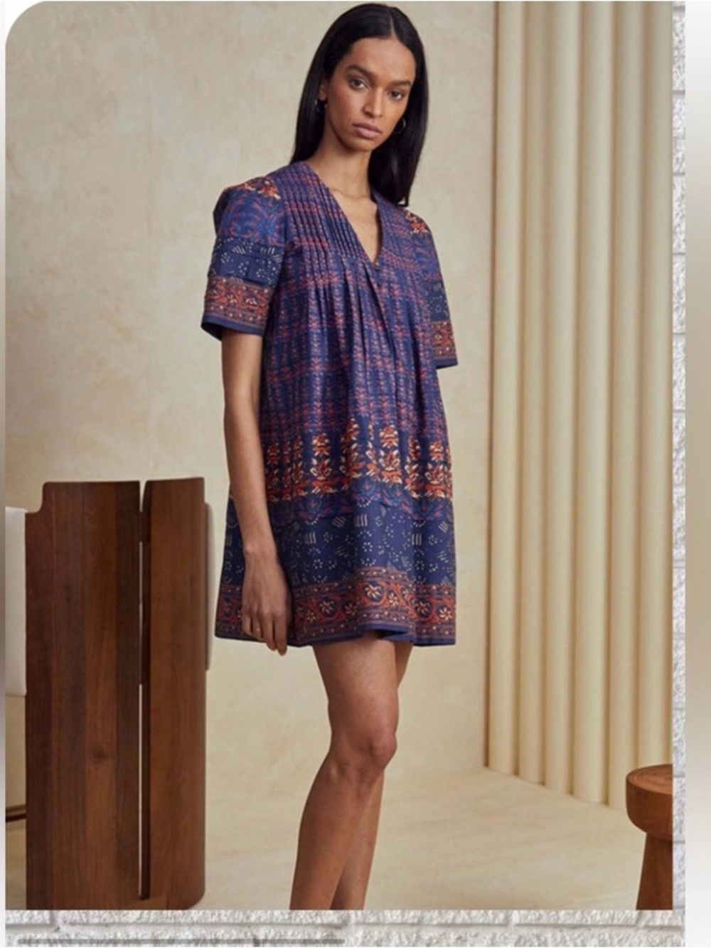 HUNTER BELL Youjin Dress Navy and Rust Boho Printed Short-Sleeve Mini Dress